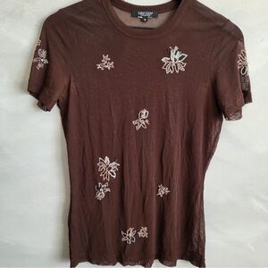 Brown Sheer beaded embroidery babydoll tee Karen Kane Lifestyle Vintage Size M